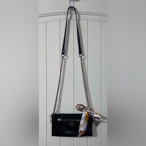 Coach Black Leather Crossbody with Silver Chain and Patterned Scarf